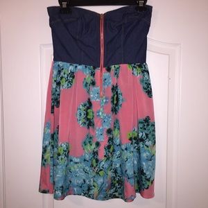 Strapless denim and floral print dress
